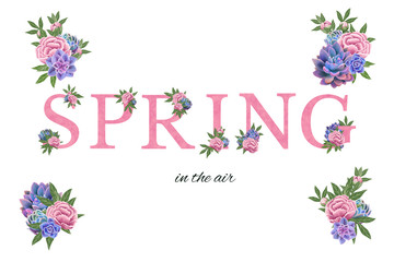 Bright roses and succulent Spring word. Isolated pink design on white background. Floral elements for greeting cards design, wedding, party, invitations, flyers. Scrapbooking graphics