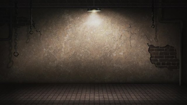 Creepy Basement 4K Loop features a view of a dark creepy basement with a light and hanging chains slightly swinging and dust particles flowing in the air in a seamless loop 