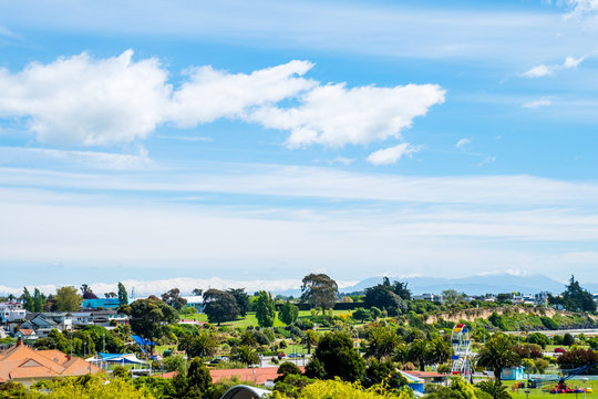 Beautiful landscape of the town with blue sky and snow mountain. Timaru, New Zealand.
