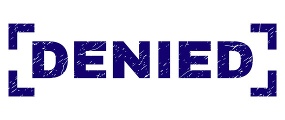 DENIED text seal stamp with distress texture. Text tag is placed inside corners. Blue vector rubber print of DENIED with retro texture.