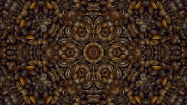 Kaleidoscope of coffee beans. Chocolate background for disco, festival, design. Coffee shop design. The grains are spinning. Coffee abstraction. Grinding grain. Brown ornament with metal