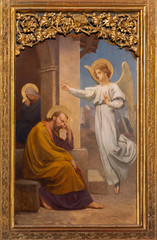 PRAGUE, CZECH REPUBLIC - OCTOBER 12, 2018: The painting of The Vision of angel to St. Jospeh in...