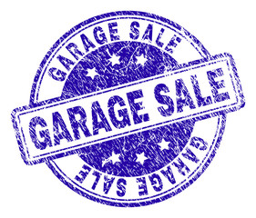 GARAGE SALE stamp seal imprint with distress texture. Designed with rounded rectangles and circles. Blue vector rubber print of GARAGE SALE text with corroded texture.