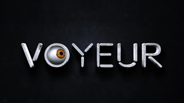 Voyeur Eye Zoom 4K Loop features the word Voyeur on a wall with an animated eye in the &ldquo;O&rdquo; zooming toward the camera and then fading to black in a loop