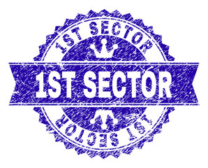 1ST SECTOR rosette stamp seal watermark with distress texture. Designed with round rosette, ribbon and small crowns. Blue vector rubber watermark of 1ST SECTOR text with retro texture.