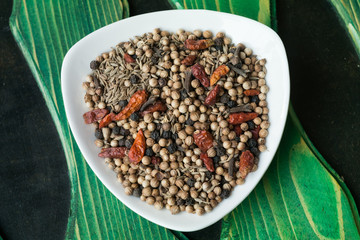 spices in a white plate, top view