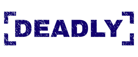 DEADLY text seal watermark with grunge texture. Text title is placed inside corners. Blue vector rubber print of DEADLY with grunge texture.