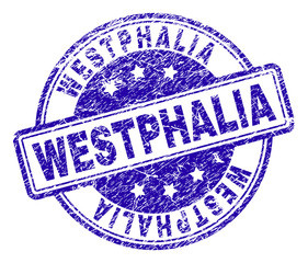 WESTPHALIA stamp seal imprint with grunge style. Designed with rounded rectangles and circles. Blue vector rubber print of WESTPHALIA caption with grunge texture.