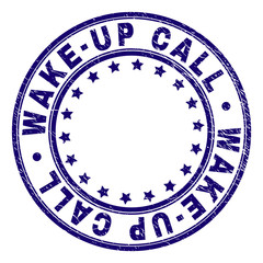 WAKE-UP CALL stamp seal watermark with grunge texture. Designed with circles and stars. Blue vector rubber print of WAKE-UP CALL caption with unclean texture.