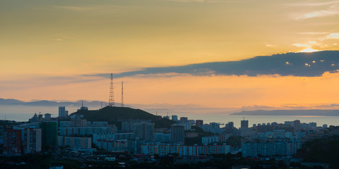 The main city of Primorsky region Rossi city port of Vladivostok. View of the port city of Vladivostok, the top of the Hill.