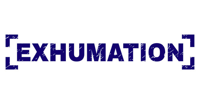 EXHUMATION text seal print with grunge texture. Text tag is placed between corners. Blue vector rubber print of EXHUMATION with unclean texture.