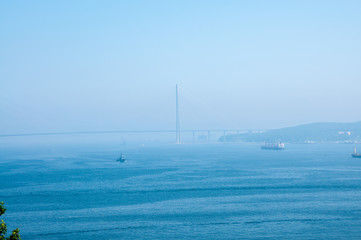 Primorsky Krai, the sea. Russian bridge, strait Bosphorus-East. Vladivostok city.