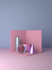 Geometric abstract composition of metallic pink cube , cylinder, glass sphere ball and cone in pastel corner background, for product display mock up. 3D rendering.