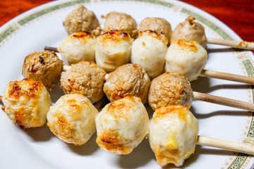 Meat ball grill / Grilled meat ball stick on plate - pork ball and fish ball roast