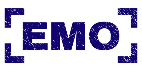 EMO text seal stamp with corroded texture. Text label is placed between corners. Blue vector rubber print of EMO with dirty texture.