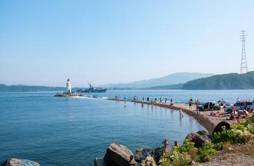 Naklejka premium Russia, Vladivostok, July 2018: Tokarev lighthouse in summer
