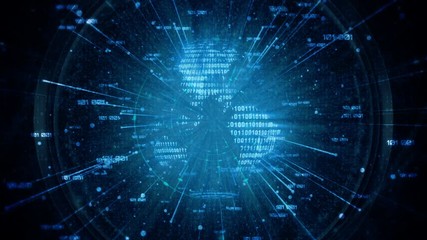 Cool Blue Global Data 4K Loop features a spinning globe of data with numbers zooming out to viewer with animated radial tech moving around the globe in a blue atmosphere - Powered by Adobe
