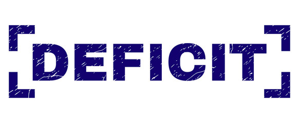 DEFICIT text seal print with corroded texture. Text label is placed between corners. Blue vector rubber print of DEFICIT with corroded texture.