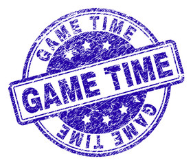 GAME TIME stamp seal watermark with grunge texture. Designed with rounded rectangles and circles. Blue vector rubber print of GAME TIME label with retro texture.