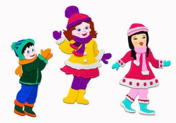Kids in winter clothes.Imitation of applique fabric. Isolated on white background.