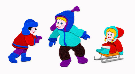 Kids in winter clothes.Imitation of applique fabric. Isolated on white background.