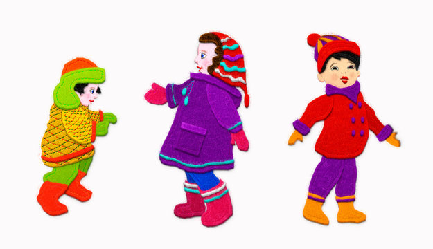 Kids in winter clothes.Imitation of applique fabric. Isolated on white background.