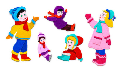 Kids in winter clothes.Imitation of applique fabric. Isolated on white background.