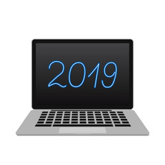 Figures 2019 realistic blue neon sign on laptop screen. New Year and Holidays vector illustration. Desktop wallpapers.