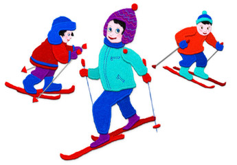 Children skiing.Imitation of applique fabric. Isolated on white background.