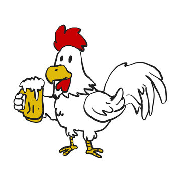 Rooster holding a mug of beer