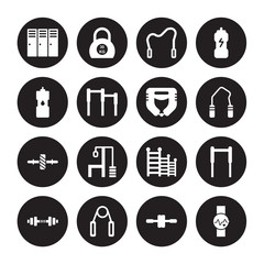 16 vector icon set : Locker, fitness Wheel, Grip, Gym, Gym bars, Watch, Hydratation, Gymnastic Roller, Headgear isolated on black background