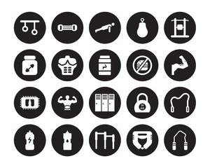 20 vector icon set : Rings, Headgear, Horizontal Bar, Hydratation, Isotonic, Protein shake, No Fast Food, Locker, Mat, Press, Push up isolated on black background