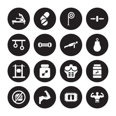 16 vector icon set : Rowing Machine, Mat, Muscles, No Fast Food, Phytonutrients, Lumbar belt, Rings, Protein shake, Push up isolated on black background