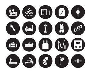 20 vector icon set : Trainer, Rope, Press Simulator, Rowing Machine, Running Stretching Punching Ball, Sport wear, Sleeveless, bag, Stationary bike isolated on black background