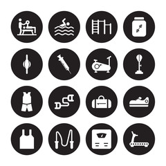 16 vector icon set : Trainer, Scale, Skipping Rope, Sleeveless, Sneakers, Running Machine, Stretching Punching Ball, Sport wear, Stationary bike isolated on black background