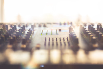Professional audio mixing console with faders and adjusting knobs,TV equipment Black and White...