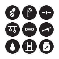 9 vector icon set : Press Simulator, Rope, Punching ball, Push up, Resistance band, Roller, Rings, Protein shake isolated on black background