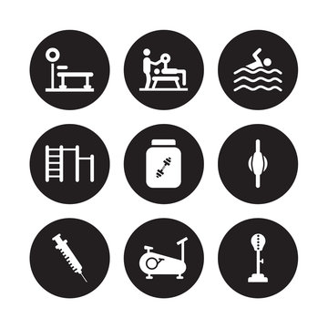 9 vector icon set : Trainer Rod, Trainer, Steroids, Stretching Punching Ball, Supplement, Swim, Swedish Wall, Stationary bike isolated on black background