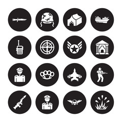 16 vector icon set : Military Knife, fighter plane, General, Grenade Launcher, Infantry, Explosion, Militar Radio, lieutenant, In isolated on black background