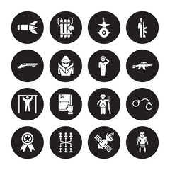 16 vector icon set : Torpedo, Military Satellites, strategy, Militaty Medal, Pair of Handcuffs, robot machine, Shotgun, Pull up, Salute isolated on black background