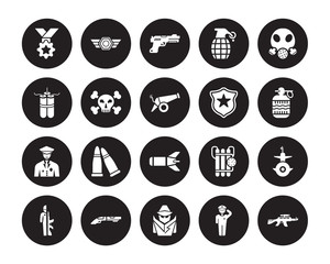 20 vector icon set : Medal, Salute, secret agent, Shotgun, Soldiers and a weapon, Gas mask, Badge, Torpedo, Veteran, Dead, Gun isolated on black background