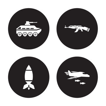 4 vector icon set : Armo Vehicle, Airplane Bomb, AK 47, Air force isolated on black background