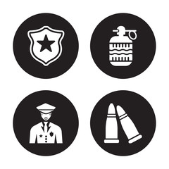 4 vector icon set : Badge, Veteran, Whizbang with Rong, Two Bullets isolated on black background