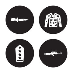 4 vector icon set : combat knife, Shoulder strap, Camouflage military clothing, Sniper Rifle isolated on black background