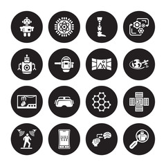 16 vector icon set : Robot, Mind transfer, Mobile flexible display, Motion sensor, Nano Microbots, Personal droid, Organ printing, Panoramic view isolated on black background