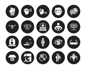 20 vector icon set : Wi gloves, Robots and humans, Rotation, Sensorama, Smart clothing, Unsupervised learning, Telekinesis, Smartwatch, Synthetic food, Tilt isolated on black background