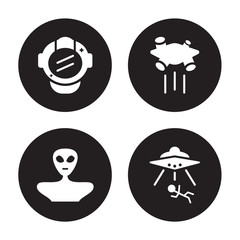 4 vector icon set : astranaut helmet, Alien, Asteroid, Abduction isolated on black background