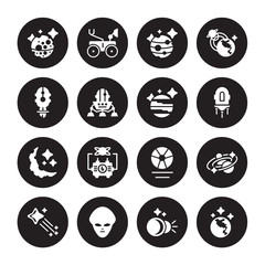16 vector icon set : Mercury, Eclipse, Extraterrestrial, Falling star, Galaxy, Earth, Liftoff, Half moon, Jupiter isolated on black background