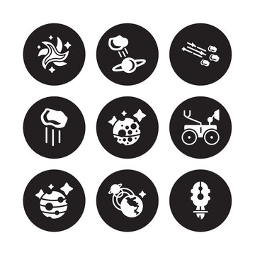 9 Vector Icon Set : Milky Way, Meteorite, Mars, Mars Rover, Mercury, Meteor Shower, Meteor, Magnetic Field Isolated On Black Background