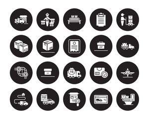 20 vector icon set : Delivery, Delivery by Website, Charter, delivery Schedule, Destination, Cargo, Zip code, day, Global distribution, Box isolated on black background